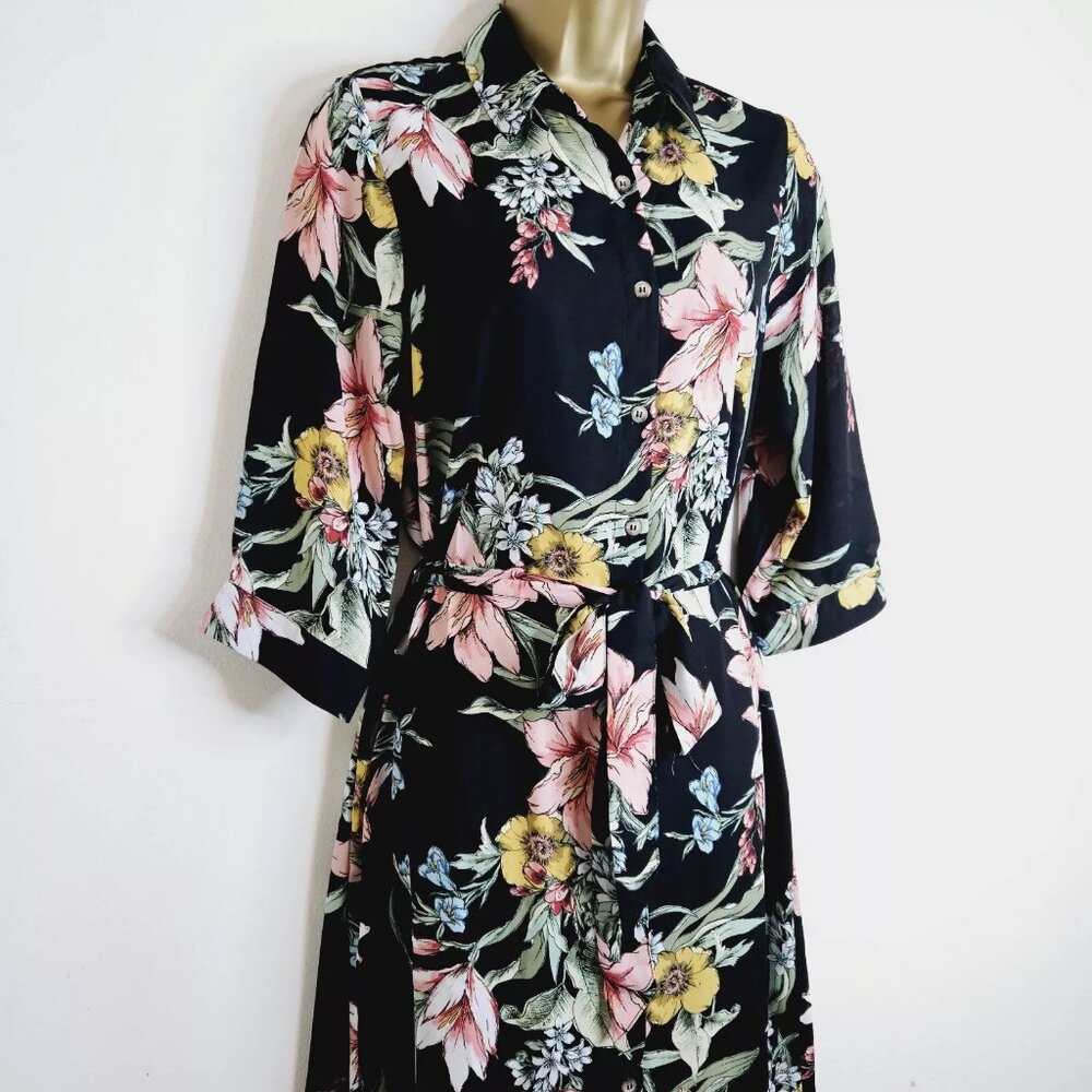 NEW DOROTHY PERKINS 10 UK Blue Black Pink Green Floral Print Belted Shirt Dress